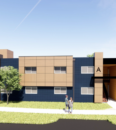 3D rendering of tan and navy blue 2 story apartment buildings