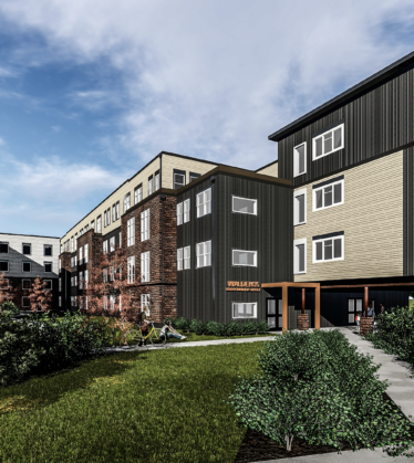 Apartment complex rendering with grey and tan buildings.